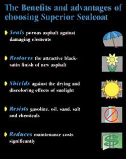 The benefits and advantages of choosing Superior Sealcoat. Seals porous asphalt against damaging elements. Restores the attractive black-satin finish of new asphalt. Shields against the drying and discoloring effects of sunlight. Resists gasoline, oil, sand, salt and chemicals. Reduces maintenance costs significantly.